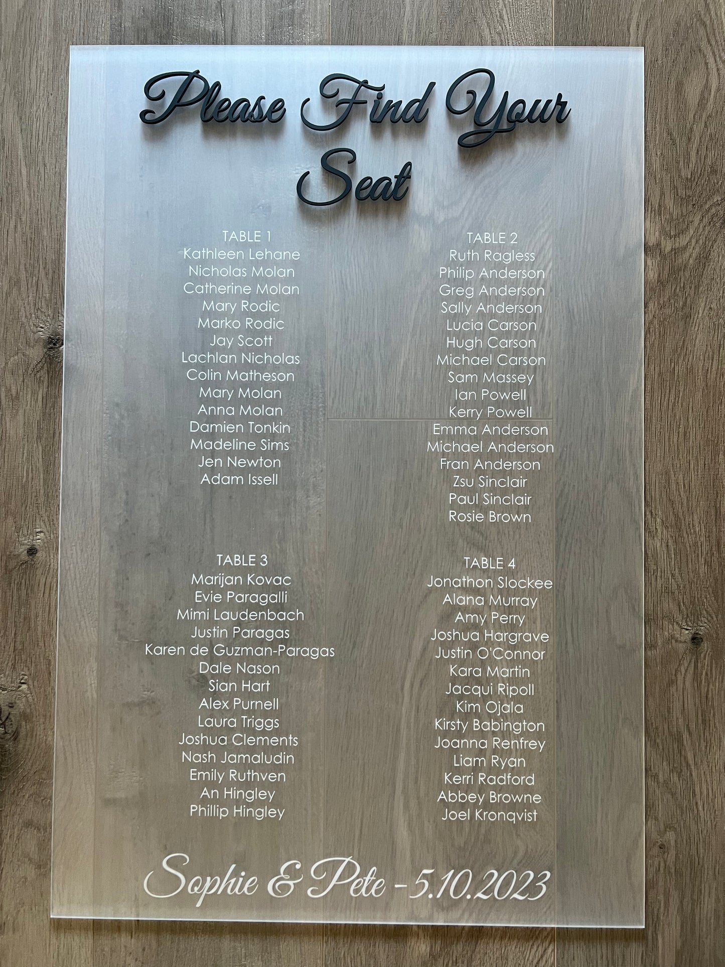 Engraved Rectangle Acrylic Seating Chart
