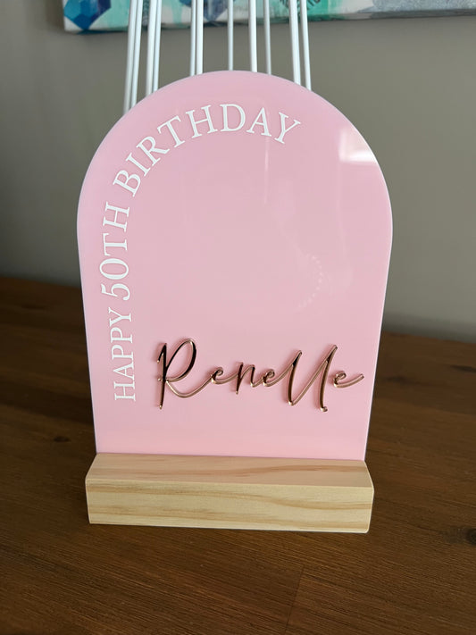 Acrylic Arch Table Sign (Timber Stand)