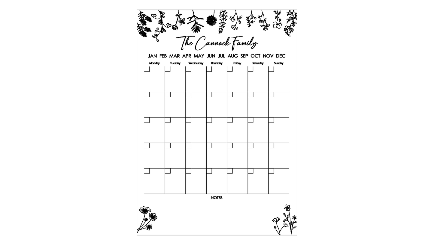 Personalised Family Monthly Wall Planner (Botanical)