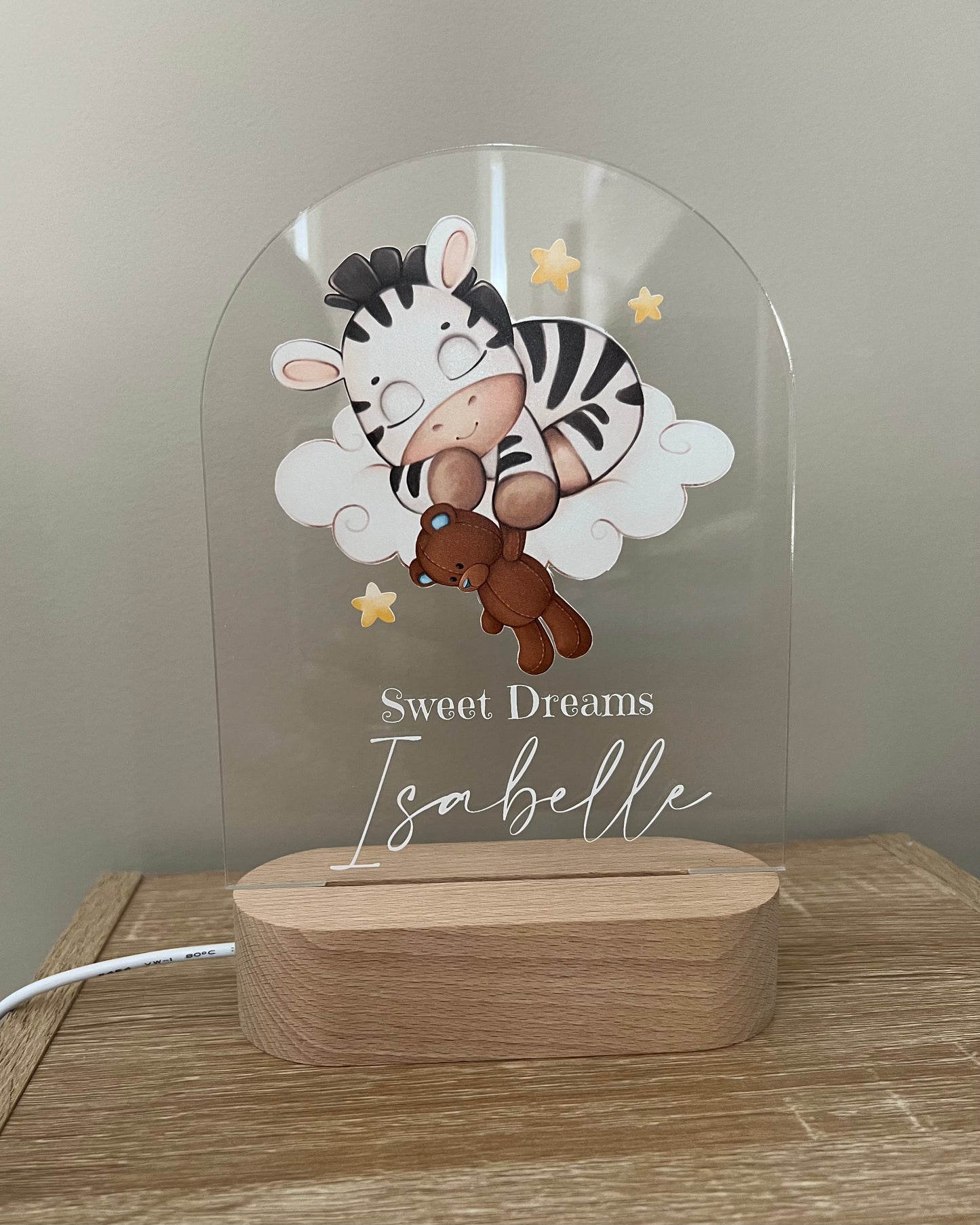 Personalised Arch Night Light - Printed Sleeping Zebra