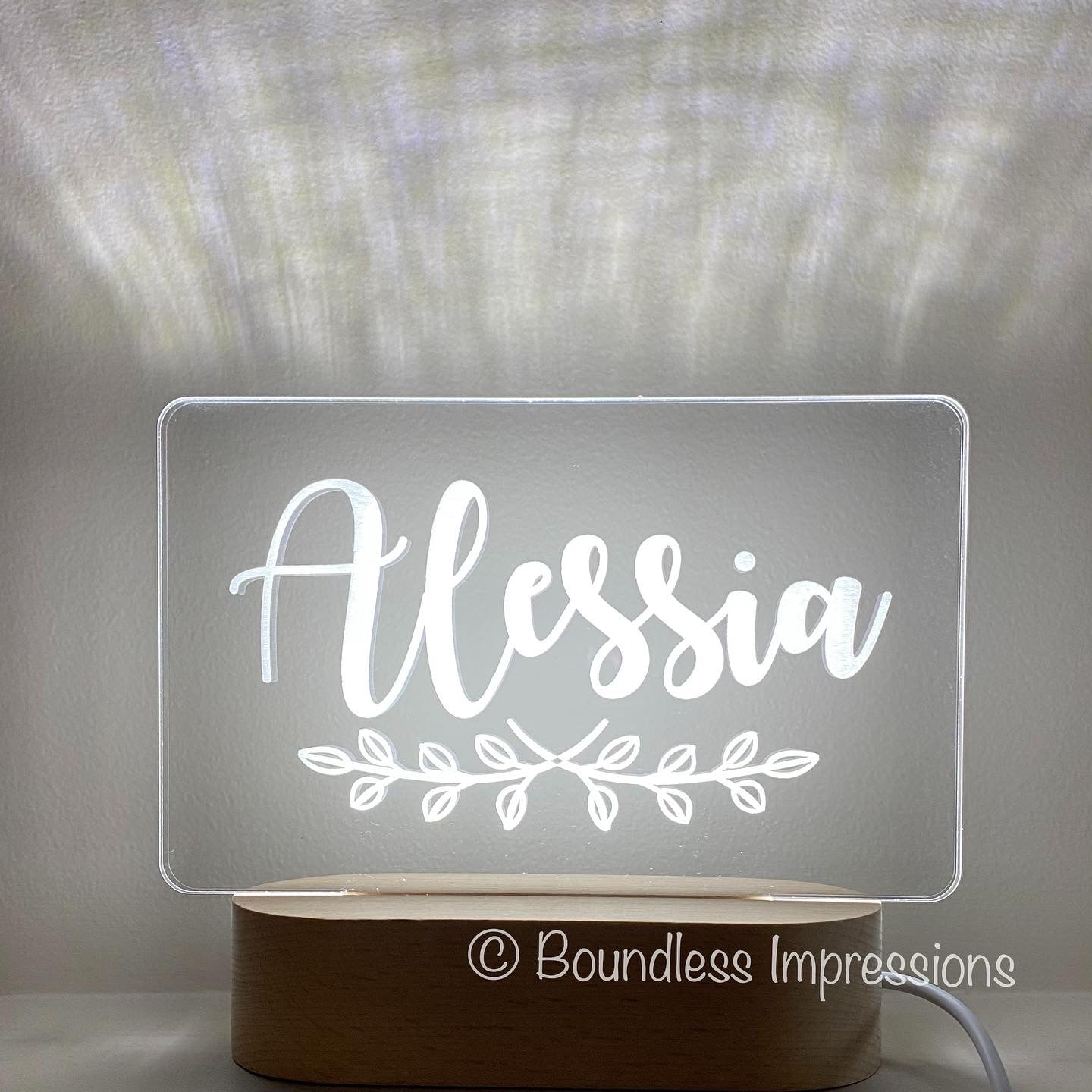 Personalised Name Night Light - Beech (White Light)