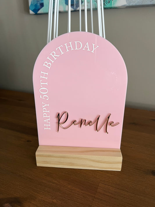 Acrylic Arch Table Sign (Timber Stand)