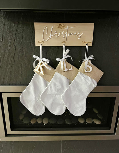 Burlap/Canvas Christmas Stocking + Initial Acrylic Tag