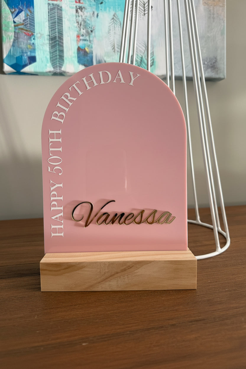 Acrylic Arch Table Sign (Timber Stand)