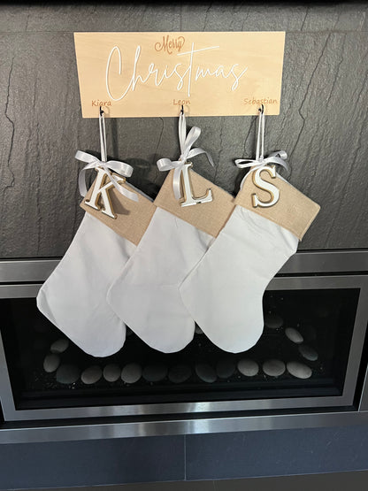 Burlap/Canvas Christmas Stocking + Initial Acrylic Tag