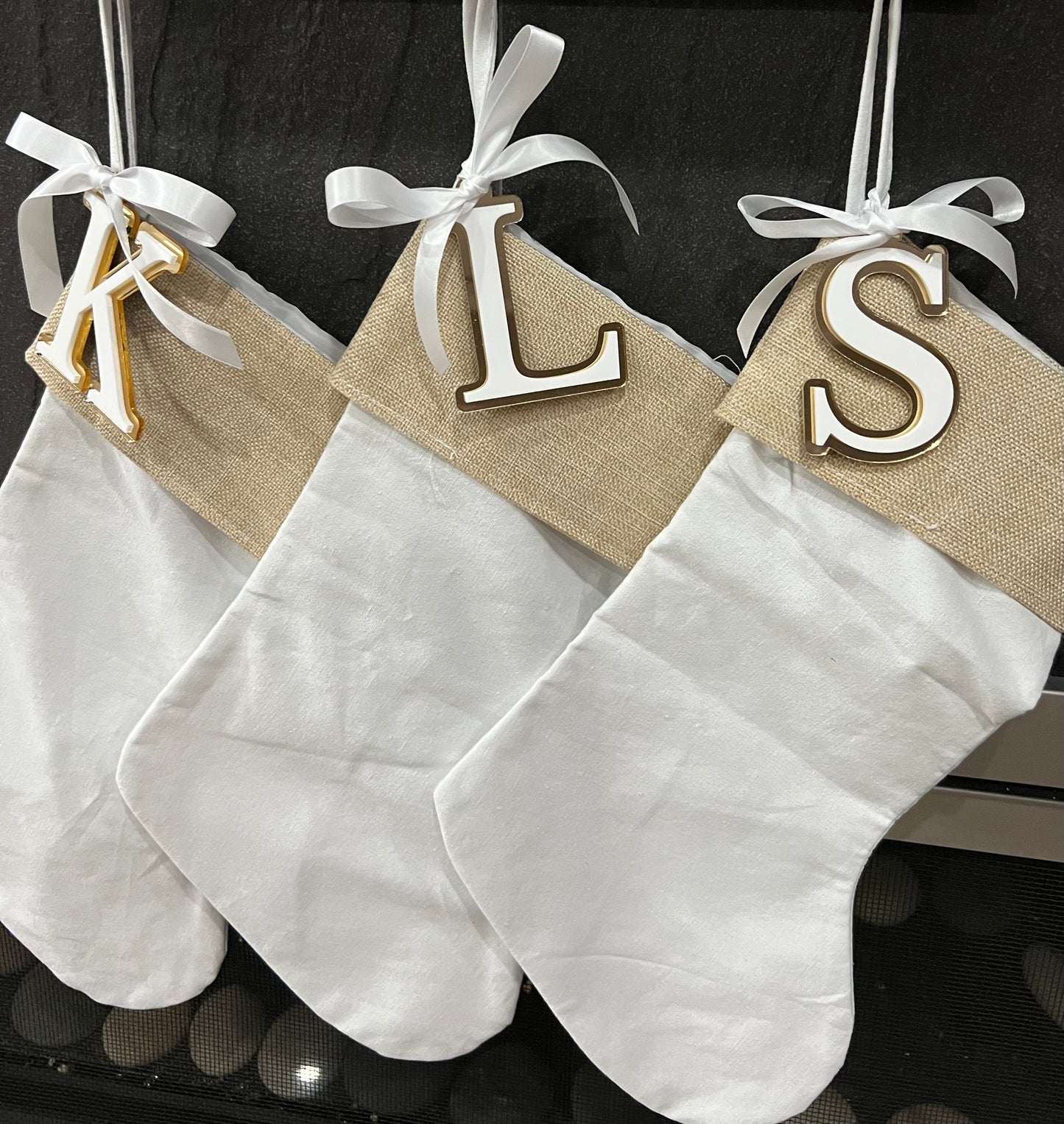 Burlap/Canvas Christmas Stocking + Initial Acrylic Tag