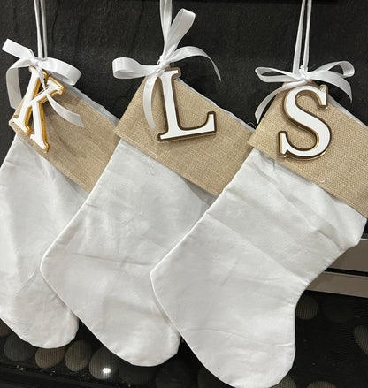 Burlap/Canvas Christmas Stocking + Initial Acrylic Tag