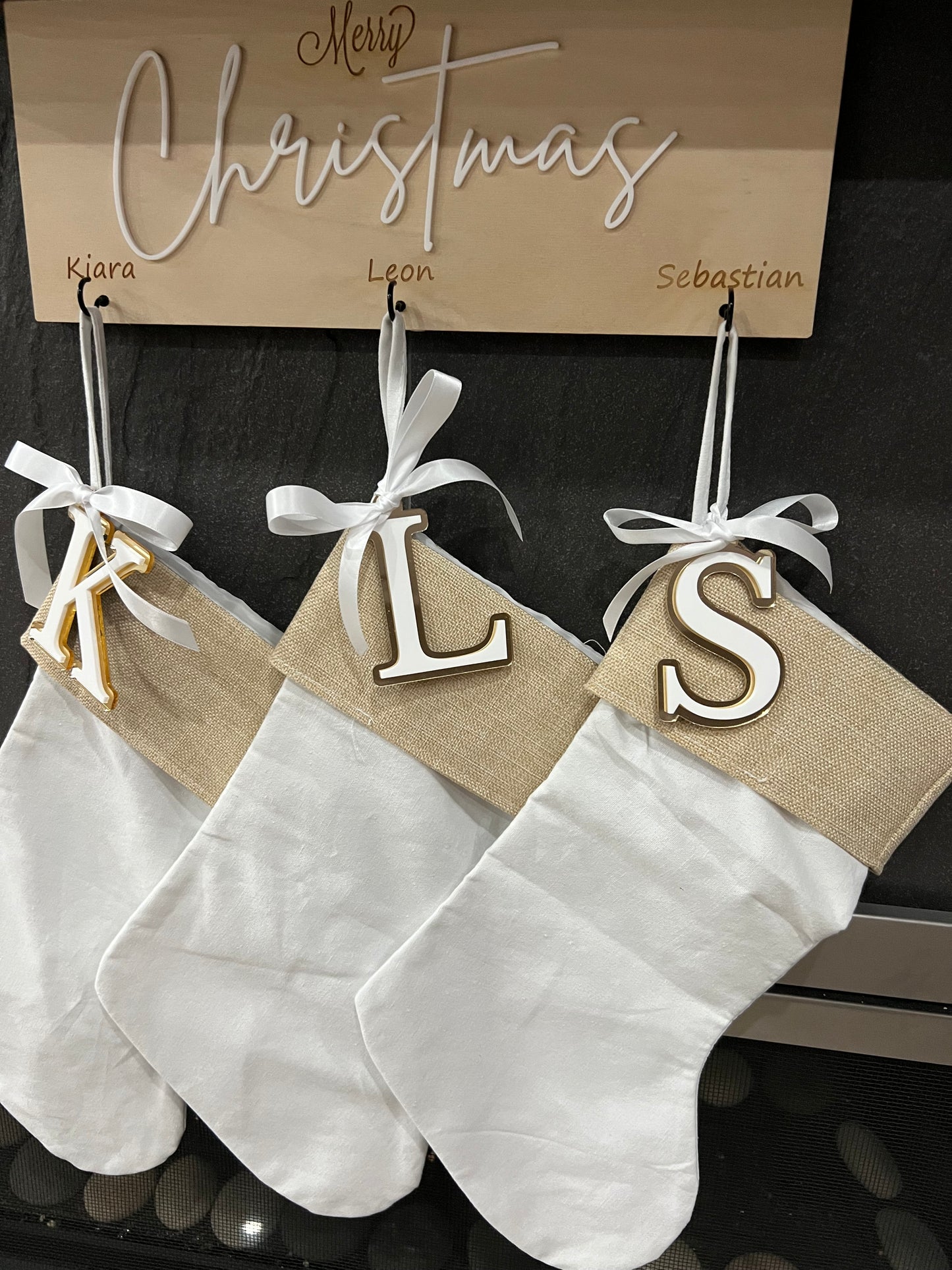 Burlap/Canvas Christmas Stocking + Initial Acrylic Tag