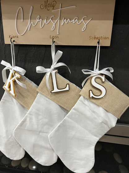 Burlap/Canvas Christmas Stocking + Initial Acrylic Tag