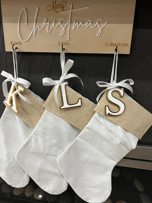 Burlap/Canvas Christmas Stocking + Initial Acrylic Tag