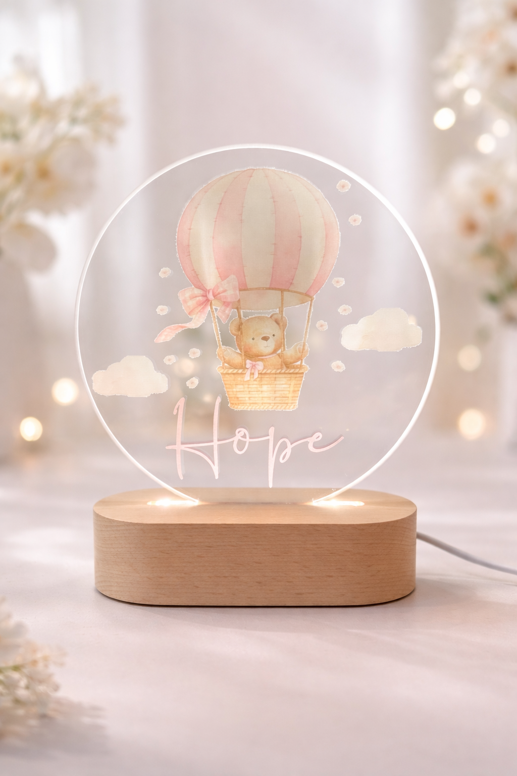 Personalised LED Night Light - Hot Air Ballon Bear (Pink)