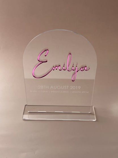 Freestanding Acrylic Arch Birth Announcement Plaque