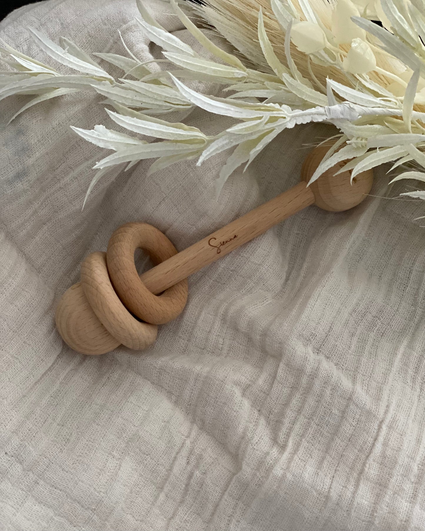 Dumbell Wooden Baby Rattle (Personalised)