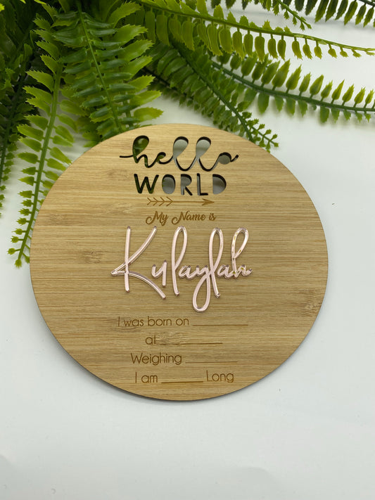 Birth Announcement Plaque - Hello World