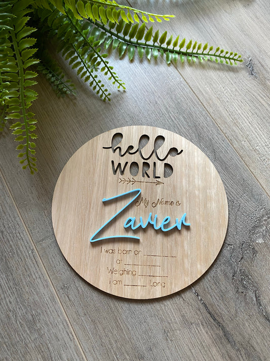 Birth Announcement Plaque - Hello World